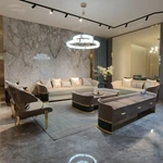 Beige Leather Sofa Set with Diamond Quilted Craftsmanship & Pyramid Studded Gold Stainless Steel Trim